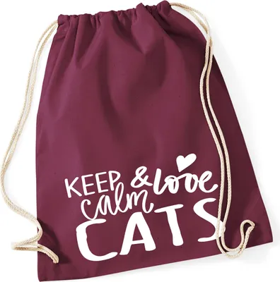 Produktbild von Huuraa Turnbeutel Keep calm and love Cats 12 Liter Burgundy Baumwolle Rucksack Geschenkidee