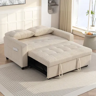 Produktbild von SUGIFT Sofabett 2-Sitzer Klick-Klack ausziehbar, Schlafsofa Cordbezug Polyester, Cremeweiß | 157 x 190 cm Liegefläche | 3 Positionen | bis 277 kg