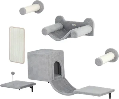Produktbild von Fortuna Lai PwaHut Kletterwand Katzen 6-teilig Katzen Kletterwand Set mit Katzenhaus, Hängematte, Plattform, Kratzbaum mit Kratzbrett, Plüsch-Wandkratzbaum, Katzenmöbel für Katzen bis zu 5 kg, Grau
