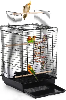 Produktbild von Yaheetech Vogelkäfig mit Vogelspielzeug & aufklappbarem Dach, Voliere für Wellensittiche/Nymphensittiche/Finken/Papageien, 40 x 40 x 58 cm, Schwarz