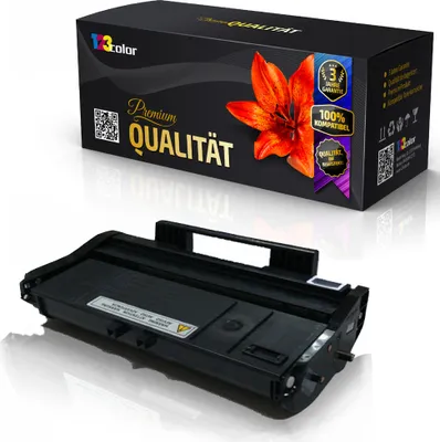 A product shot of a toner cartridge and its packaging, presented on a reflective white surface.