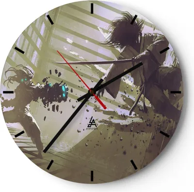 Produktbild von Wanduhr - Rund - Glasuhr - Roboter Samurai Schwert Kämpfen - 40x40cm - Schleichendes Uhrwerk - Lautlos - zum Aufhängen bereit - Dekoration Modern - Wanddekoration aus Glas - C3AR40x40-2912