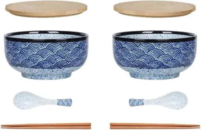 Productafbeelding van Famanu Ramen-kom met deksel en lepel - Vintage keramische saladekom - 900 ml - Set van 2 kommen
