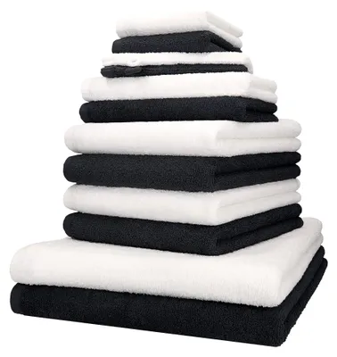 Produktbild von 12 TLG. Handtuch Set Berlin 100% Baumwolle 2 Liegetücher 4 Handtücher 2 Gästetücher 2 Seiflappen 2 Waschhandschuhe Farbe Graphit - weiß