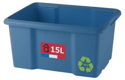 Image de Boîte de rangement SUNDIS, 15L, en plastique recyclé, couleur bleue, dimensions : L 45,5 x l 36,5 x H23c