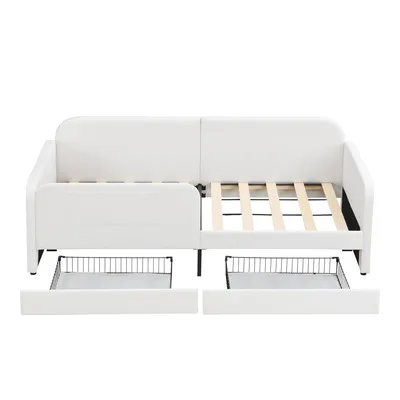Produktbild von Flieks Kinderbett 90x200cm mit Rausfallschutz, Schlafsofa Tagesbett Kinderbett mit 2 Schubladen, Einzelbett mit Lattenrost, Samt, Weiß