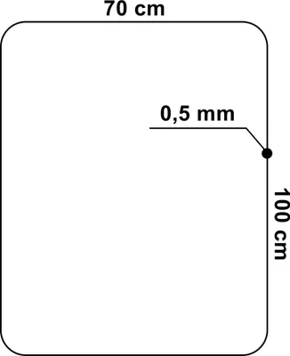 A diagram showing the dimensions of a rectangular mat with rounded corners.