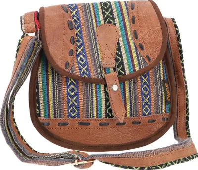 Produktbild von Ethno Schultertasche mit Leder, Große Nepaltasche - Bunt/grün, Uni - Erwachsene, Baumwolle, 23*24*10 cm, Alternative Umhängetasche, Handtasche aus Stoff