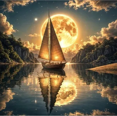 Produktbild von Diamantmalerei, Segelboot auf einem See im Mondlicht, 30x40 cm, kreatives Design