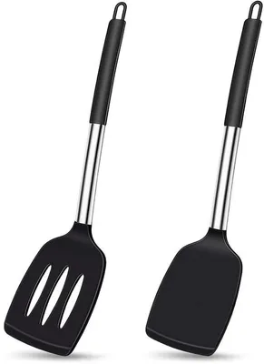 Produktbild von Unyqoos® Hitzebeständige Silikonspatel 2er-Set – mit Edelstahlgriff, BPA-frei, bis 200°C, schwarz, spülmaschinenfest, kratzschonend für Antihaftpfannen