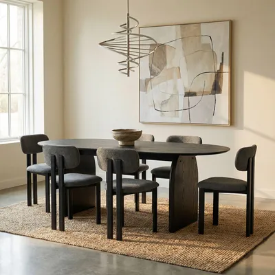 Immagine prodotto di Set da pranzo MALA/FRANCA con tavolo e 6 sedie, nero/grigio scuro - Tavolo da pranzo ovale 180 x 90 cm, robusto piano in MDF, set di mobili da pranzo, sedie con rivestimento in tessuto [portata massima 120 kg]
