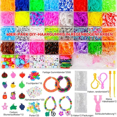 Produktbild von Loom Bands Kit für Kinder, 2500 Gummibänder, 40 Fächer, DIY-Armbänder mit Perlen, Haken und Anhängern – kreatives Bastelset