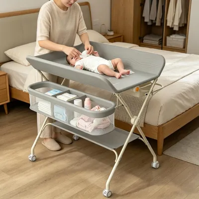 Produktbild von Baby Klappbar Wickelkommode, Mobiler Wickeltisch,Wickelstation höhenverstellbar mit Mülleimer & Aufbewahrungskorb,Tragbare Wickelauflage Bis 15Kg Grau