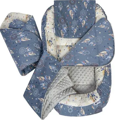 Image de Ensemble pour bébé 5 pièces, 100 x 60 x 15 cm, lit amovible, nid douillet, oreiller, couverture douillette, 100 % coton, gris, motif « Dromenvogel »