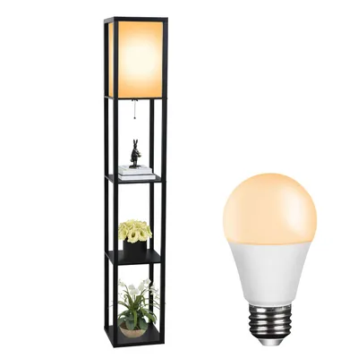 Productafbeelding van Puluomis 3-laags staande lamp, vloerlamp met 8W lamp, E27 fitting, binnenverlichting voor slaapkamer en woonkamer, met houten plank, zwart, 160cm