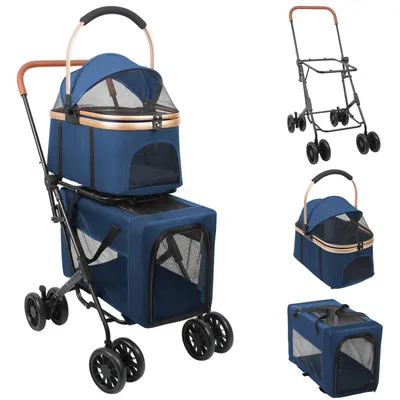 Produktbild von Hundebuggy Haustierwagen Haustierbuggy mit Sicherheitsgurt für 2 Hunde, (2-tlg)，Blau