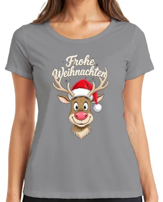 Produktbild von Frohe Weihnachten Rentier Niedlich Cartoon Weihnachtsmütze Lustig Damen T-Shirt, Grau, L