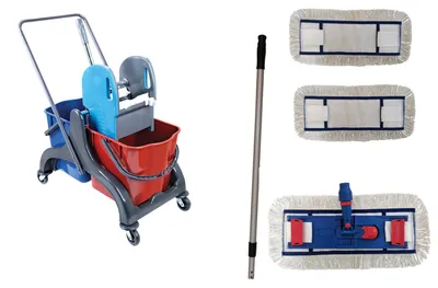 Produktbild von CleanSV® Wischset PE Laschenmop 50 cm Lamo, Reinigungswagen 2 x 18 Liter Eimer, Presse, Deichsel, 1 Laschenmop Halter Lamo, 3 x Laschenmop Baumwolle, Teleskopstiehl
