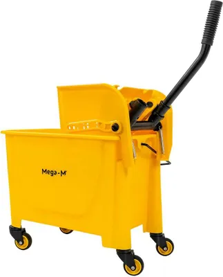 Zdjęcie produktu dla Wózek do czyszczenia sprzątania wiadro mobilne na kółkach, jednowiaderkowy, z metalową prasą oraz ruchomą przegrodą Mega-M, 20L żółty