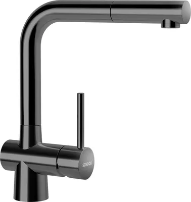 A black kitchen faucet on a white background.