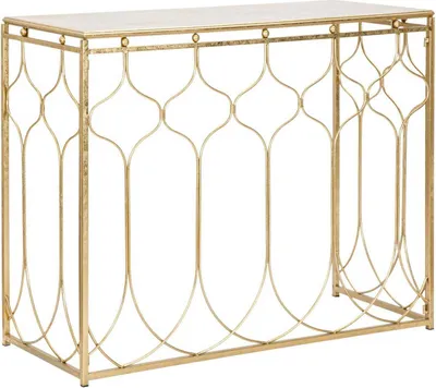 A gold console table with a marble top and intricate metalwork.