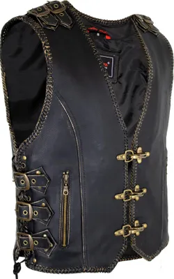 Produktbild von Herren Biker Lederweste mit Messing Schnallen und Karabinern (S)