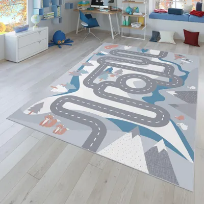 Produktbild von TT Home Kinder-Teppich, Spiel-Teppich Für Kinderzimmer Straßen-Motiv Mit Tieren Creme Größe 100x200 cm