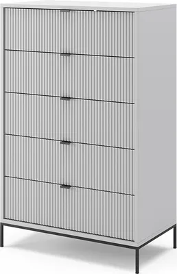 A gray chest of drawers with black handles and legs, shown from a slight diagonal angle against a white background.