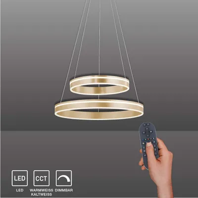 Produktbild von Paul Neuhaus LED Pendellampe Smart Home Q VITO messing matt rund doppel Ring Fernbedienung messing matt Wohnzimmer, Esszimmer, Küche 8420-60, 8420-55, 8420-13