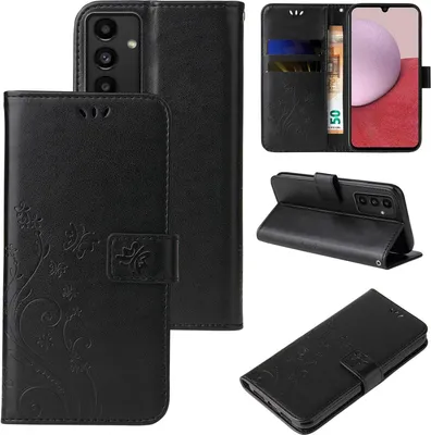 Produktbild von Handyhülle für Samsung Galaxy A14 / A14 5G Floral Blumen Schmetterling Flip Cover Hülle Case Klapphülle Handytasche Farbe: Schwarz