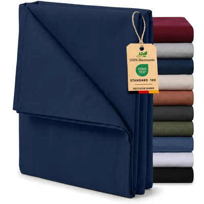 Produktbild von EllaTex Renforcé Bettlaken ohne Gummizug 140x200 Baumwolle – weiches Haustuch & Betttuch, Farbe: Dunkelblau