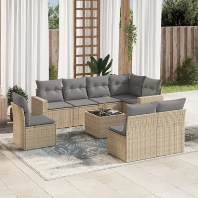 Produktbild von Design 9-tlg. Garten-Sofagarnitur mit Kissen Beige Poly Rattan, Gartenmöbel-Sets 2024