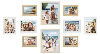Produktbild von SONGMICS Bilderrahmen 10er Set, Kunststoffscheibe – natureichenfarben + wolkenweiß + naturbeige