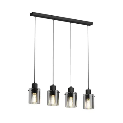 A four-light pendant lamp with black metal accents and clear glass shades, suspended from a black rectangular bar.
