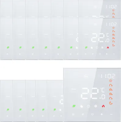 A collage of smart thermostat units, some showing digital displays with temperature and time.