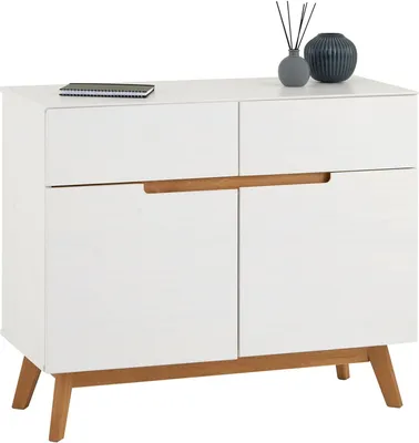Produktbild von Kommode TIBOR Anrichte im nordischen Design, Sideboard im skandinavischen Stil mit 2 Türen und 2 Schubladen, Kiefer massiv, weiß lackiert