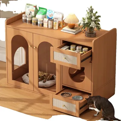 Image de Maison pour chat, design moderne, rangement multifonctionnel, noyer