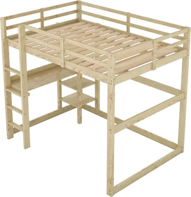 Produktbild von okwish Kinderbett 140 X 200 cm Hochbett Bettgestell mit Stauraum aus Kiefer, mit 4 Ablagefächern und einer Schreibtischplatte, Natur