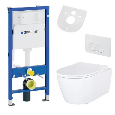 Produktbild von Belvit Hänge WC Set spülrandlos mit Softclose WC Sitz und Geberit UP100 Vorwandelement aus Keramik für Wandmontage