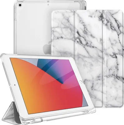 Produktbild von Fintie Hülle für iPad 9. Generation 2021/8. Gen 2020/7. Gen 2019 10.2 Zoll mit Stifthalter, ultradünne leichte Schutzhülle mit transparenter Rückseite und Auto Schlaf/Wach Funktion, Marmor Weiß