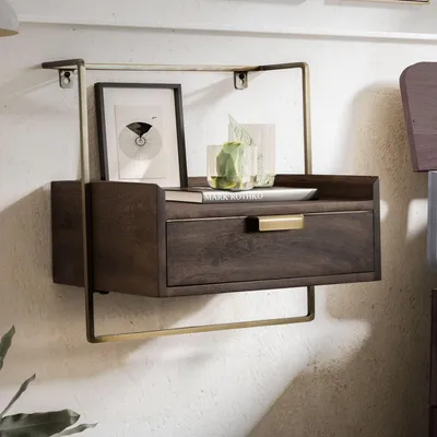 Produktbild von WOHNLING Nachtkonsole für Wandmontage 44x45x35 cm Mango Massivholz Dunkelbraun Nachttisch mit Schublade Wandboard Schwebend für Boxspringbett