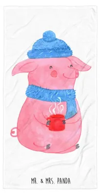 Produktbild von Mr. & Mrs. Panda Handtuch Schweinchen Glühwein - Weiß - Geschenk, Duschtuch, Großes, Strandtuch, Badehandtuch, Weihnachtsmarkt, Weihnachten, Spruch, Betrunken