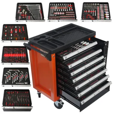 Produktbild von Montagewagen mit Werkzeug 7 Schubladen mit ausziehbarem Regal 298 Stück Pro-Tech TOOLS 14010