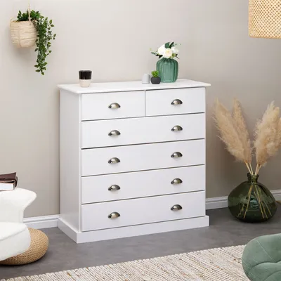 Produktbild von Kommode PARIS aus Massivholz, Weiß - Apothekerkommode aus Kiefernholz mit 6 Schubladen, Landhausstil mit Muschelgriffen, Schubladenschrank ideal für Schlafzimmer oder Eingangsbereich