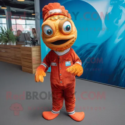 Produktbild von Rostiger REDBROKOLY Betta-Fisch Maskottchen Kostüm charakter bekleidet mit einem Overall und Fußkettchen