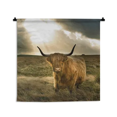 Produktbild von MuchoWow® Wandteppich Wandbehang Schottisches Hochlandrind - Sonne - Tiere 120x120 cm Tapisserie Dekoration Wandtuch - Modern - Baumwollgewebe