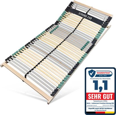Lamelový rám PREMIUM STRONG 200 s bukovým drevom, lamelový rám 140x200 extra stabilný, nastaviteľná hlavová časť, ortopedický 7-zónový lamelový rám so 42 zosilnenými lamelami, vyrobené v Nemecku, nosnosť do 200 kg