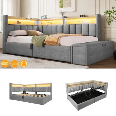 Productafbeelding van Bedbank 90 x 200 cm met hydraulische opbergruimte, opbergbank, RGB-ledstrip, USB-A/USB-C, stopcontact, omkeerbare zij-elementen en open vakken, beige/grijs