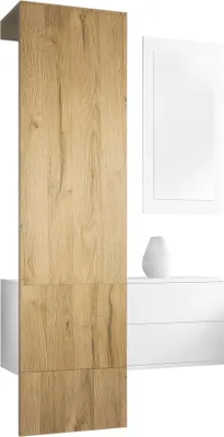 Produktbild von Vladon Garderobe Carlton Set 2, Germany, Garderobenset bestehend aus 1 Garderobenpaneel, 1 Schubkastenschrank und 1 Wandspiegel, Weiß matt/Eiche Natur (105 x 193 x 35 cm)