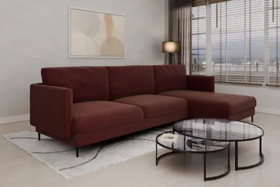 Productafbeelding van Designbank HELMER, stoffering Baloo, bordeauxrood, met chaise longue aan de rechterkant
